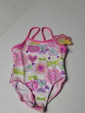 Girls Pink Floral & Butterfly One-Piece Swimsuit